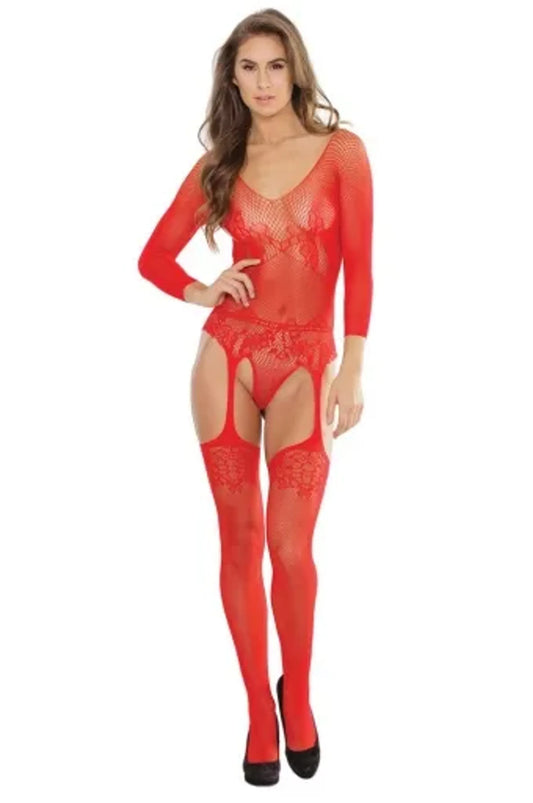 CURVE ESSENCE™Coquette Long Sleeve Teddy W/ Attached Garters/Stocking