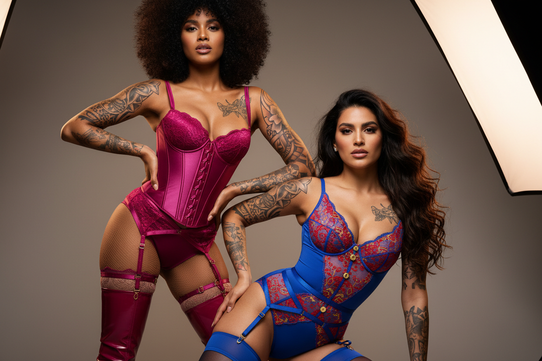 afro and Latina models with tattoos in bright exotic lingerie, garter, corset, leather stocking, hosiery, shapewear, bodysuits